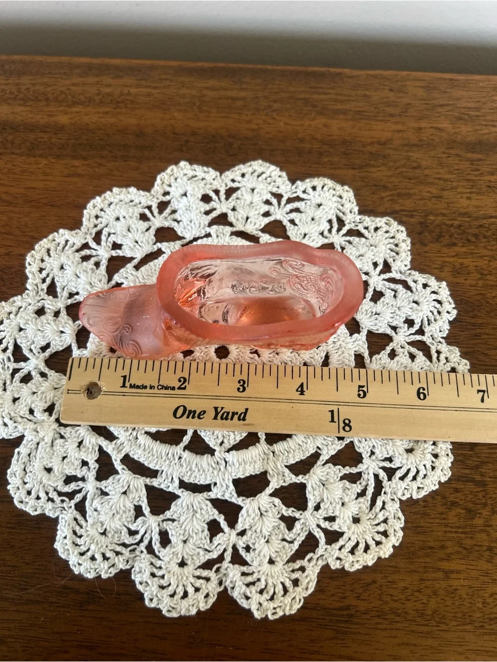 Vintage Mosser Glass 1990’s Scroll Slipper #109 Rose Transparent Pink Bow Detail